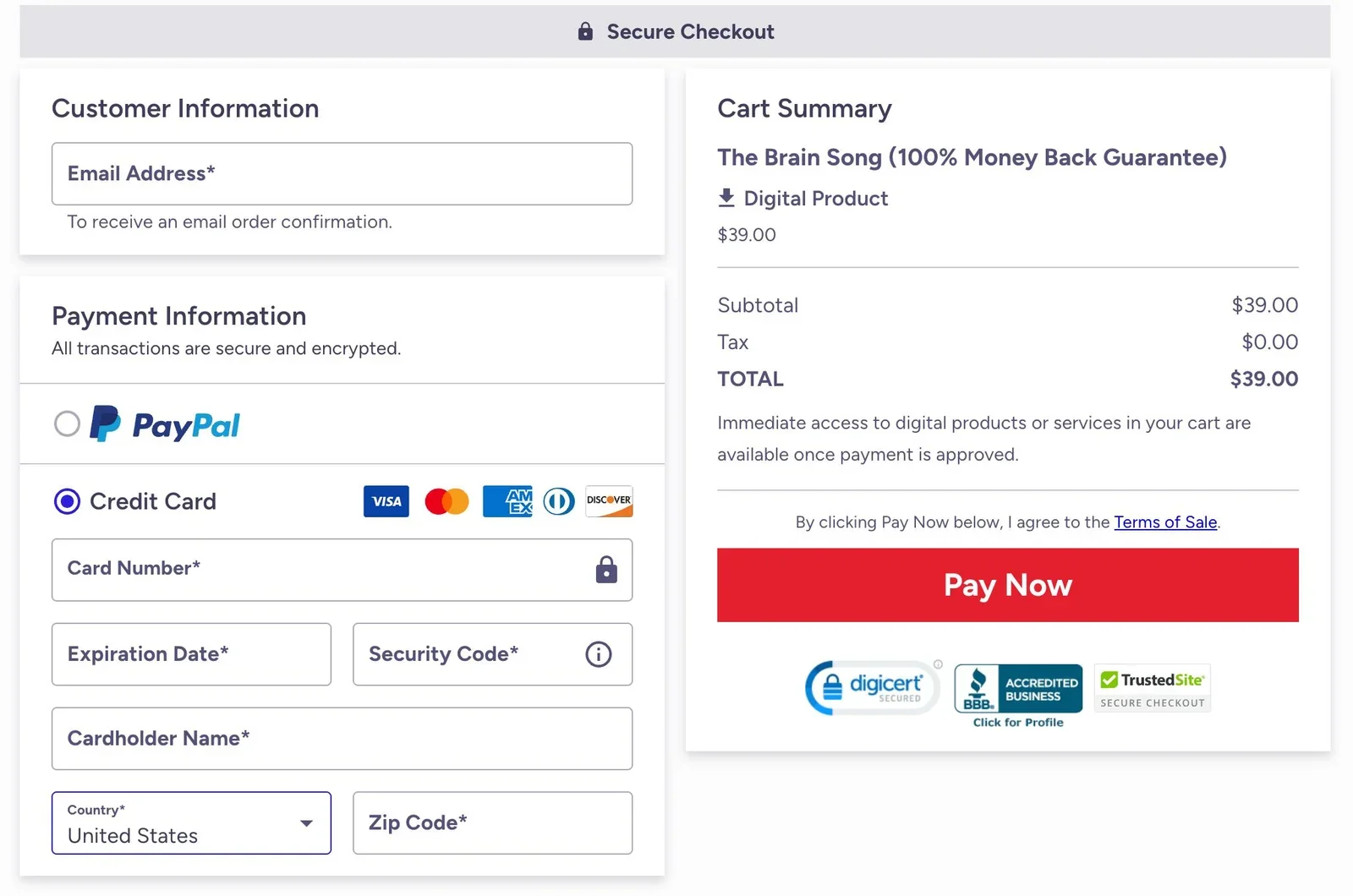 The Brain Song secure checkout page showing payment and cart summary